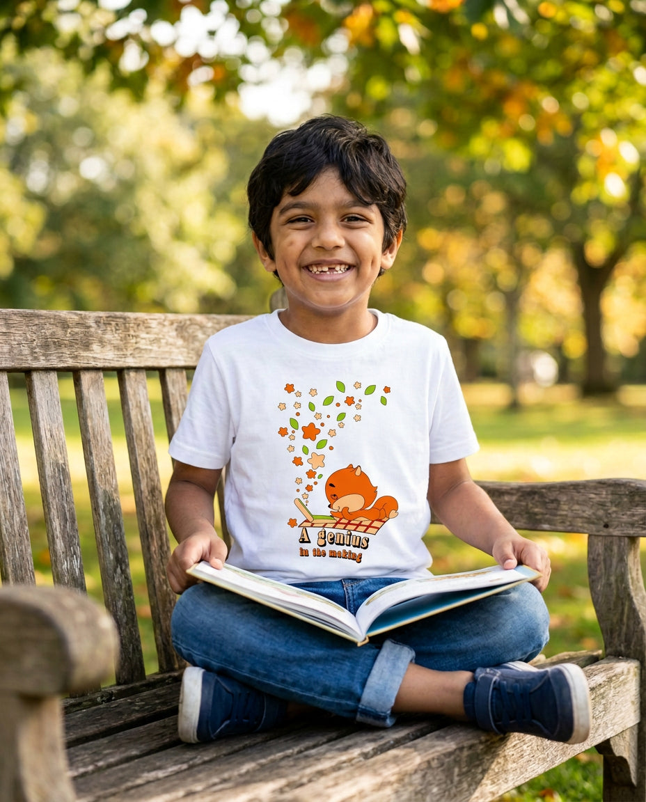 Kid wearing an Offbeat CHJ 002 white T-shirt with cute fox 'A Genius In The Making' illustration