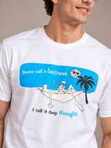 Some Call It Laziness, I Call It Deep Thought white t-shirt by Offbeat, close-up of the illustration