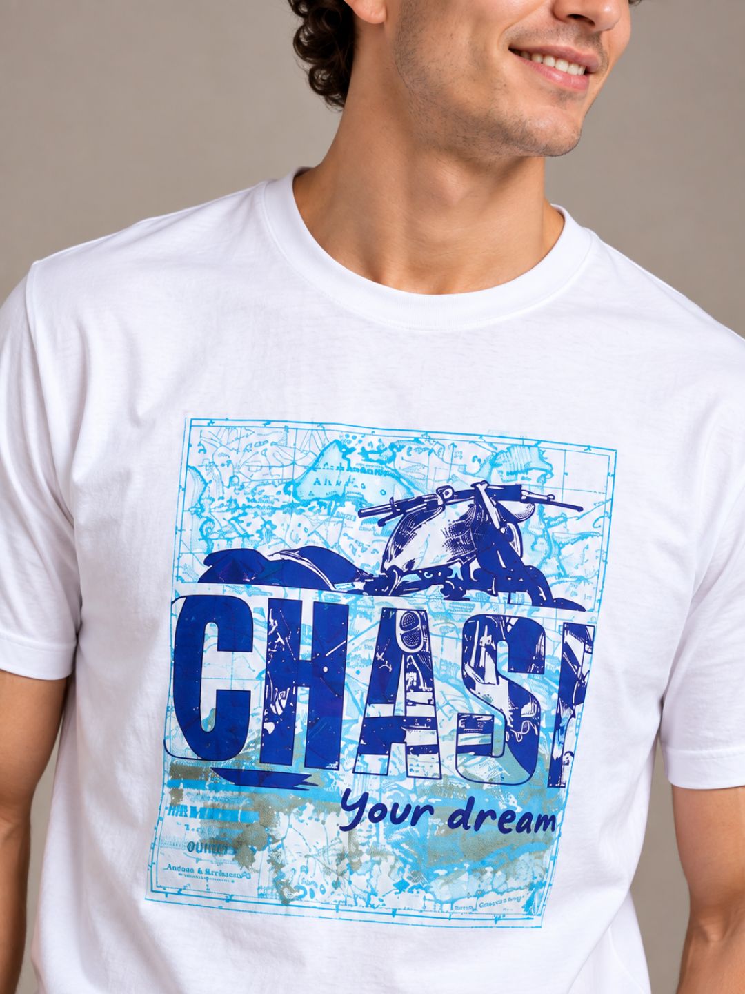 Chase Your Dreams white t-shirt by Offbeat, close-up of the illustration