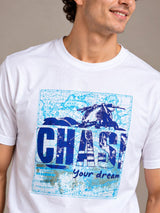 Chase Your Dreams white t-shirt by Offbeat, close-up of the illustration
