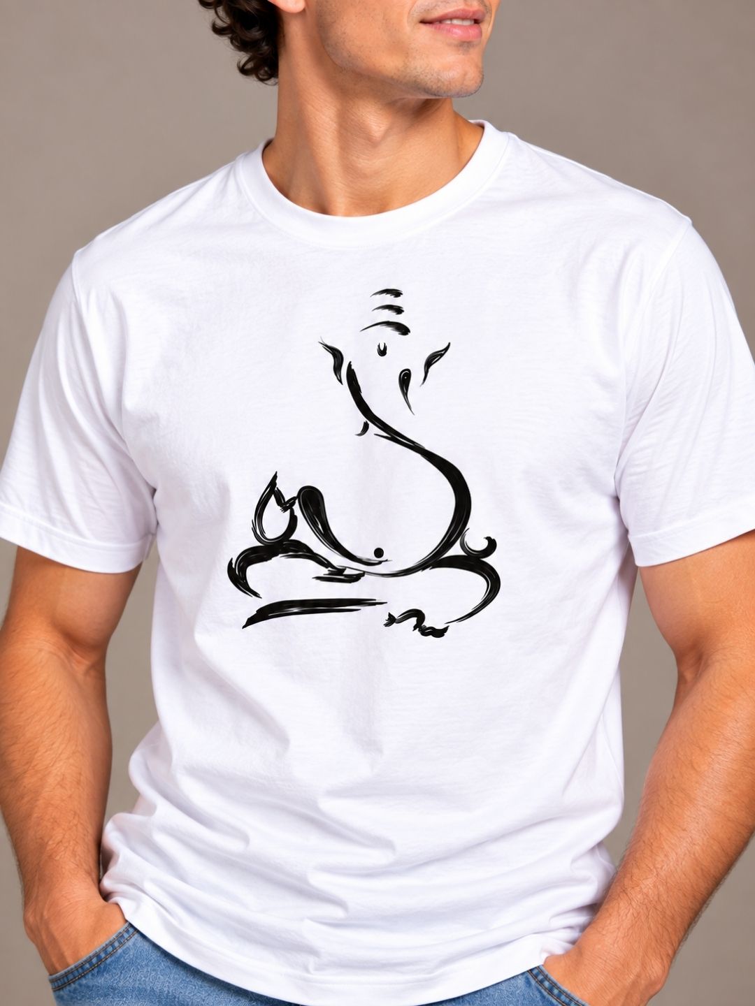 Sitting Ganesha white t-shirt by Offbeat, close-up of the illustration