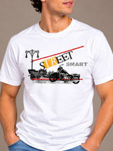 Street Smart white t-shirt by Offbeat, close-up of the illustration