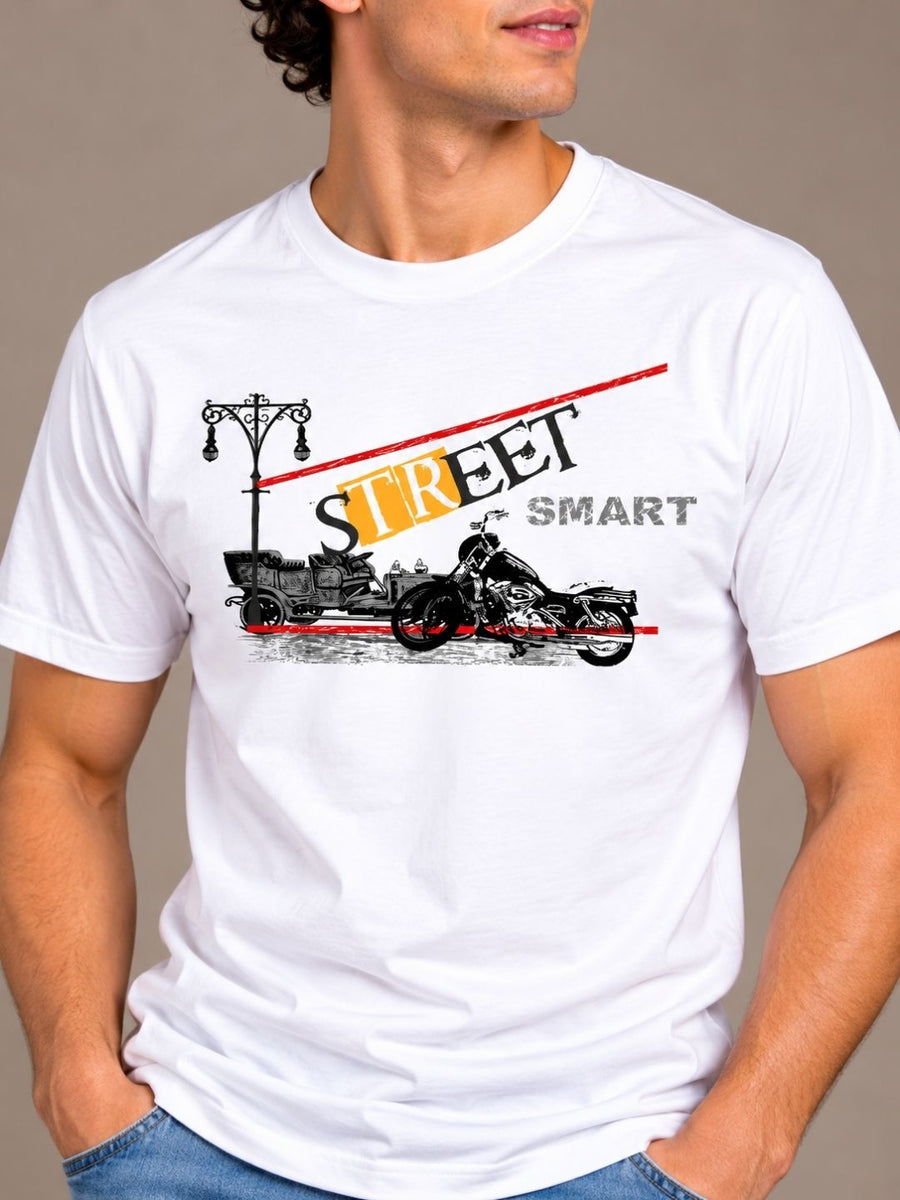 Street Smart white t-shirt by Offbeat, close-up of the illustration