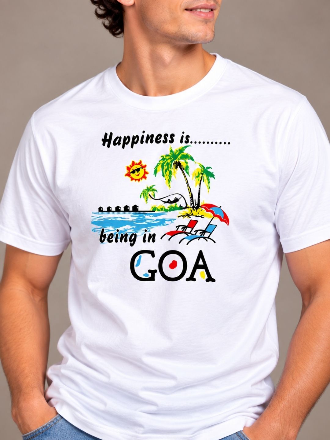 Happiness Is Being In Goa white t-shirt by Offbeat, close-up of the illustration