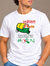 Indian Auto: Every Part Makes Noise Except The Horn white t-shirt by Offbeat, close-up of the illustration