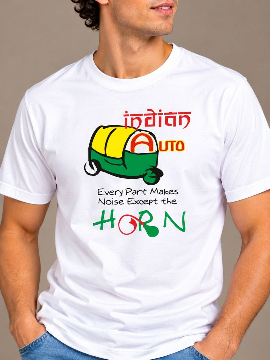Indian Auto: Every Part Makes Noise Except The Horn white t-shirt by Offbeat, close-up of the illustration