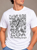 Goa The Holiday Hot Spot white t-shirt by Offbeat, close-up of the illustration