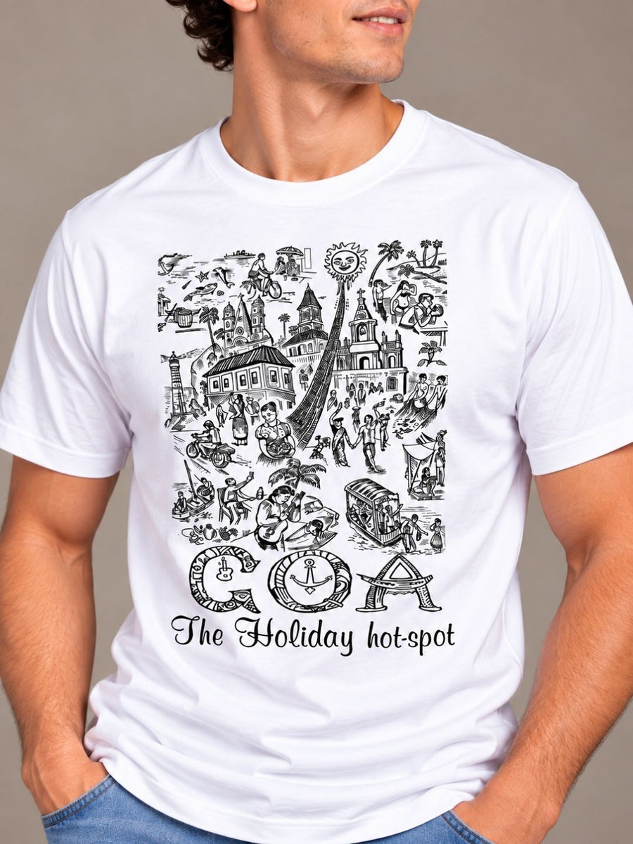 Goa The Holiday Hot Spot white t-shirt by Offbeat, close-up of the illustration