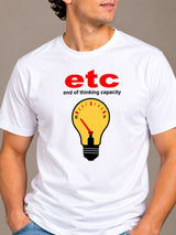 ETC (End Of Thinking Capacity) white t-shirt by Offbeat, close-up of the illustration