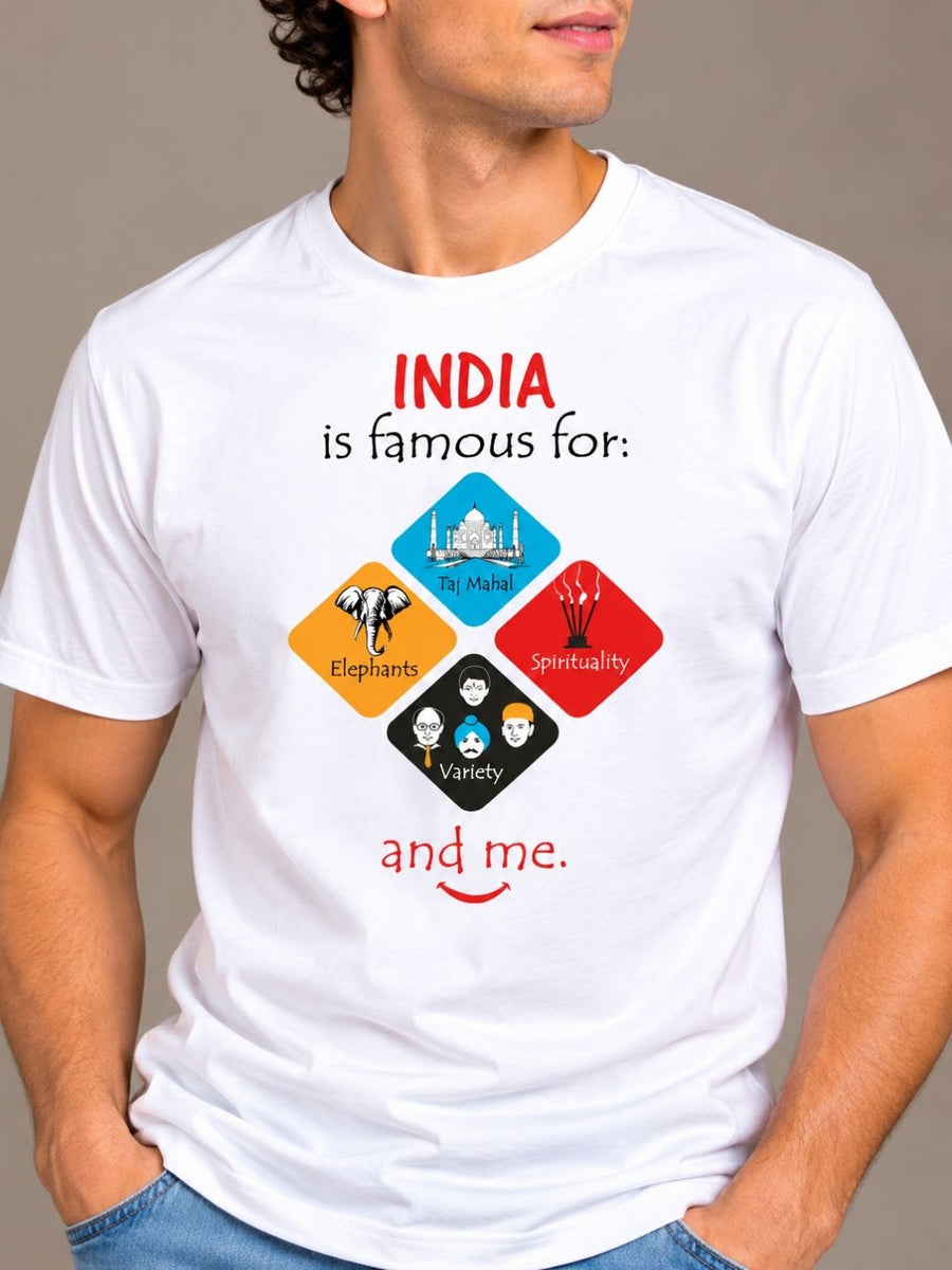 India Is Famous For: Taj Mahal, Elephants, Spirituality, Variety And Me white t-shirt by Offbeat, close-up of the illustration