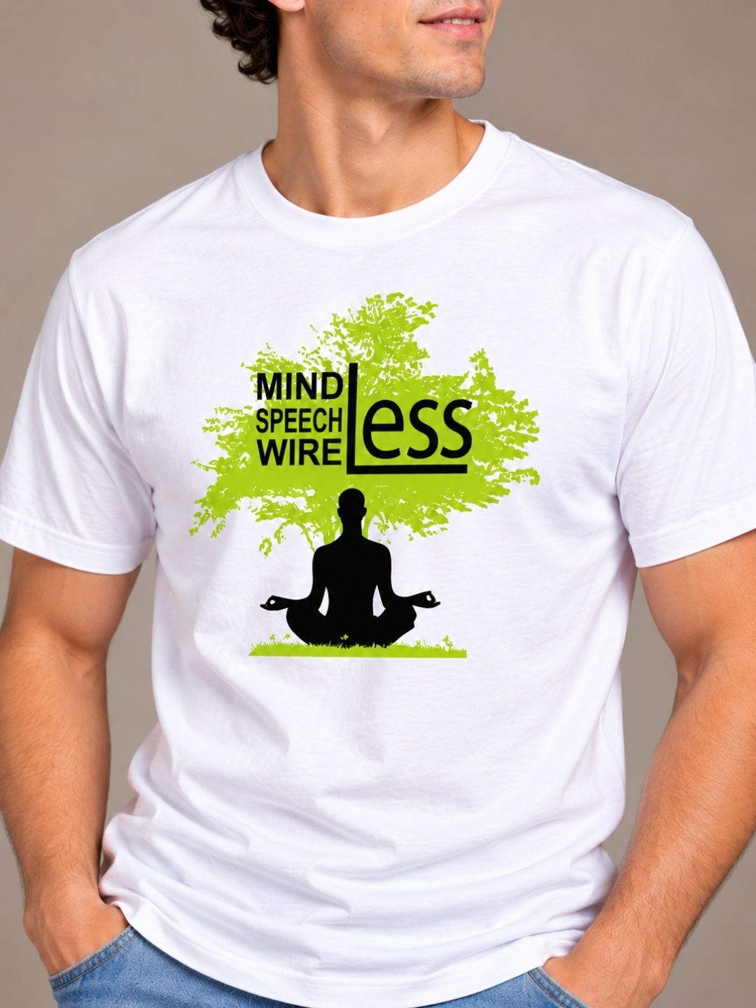Mindless, Speechless, Wireless white t-shirt by Offbeat, close-up of the illustration