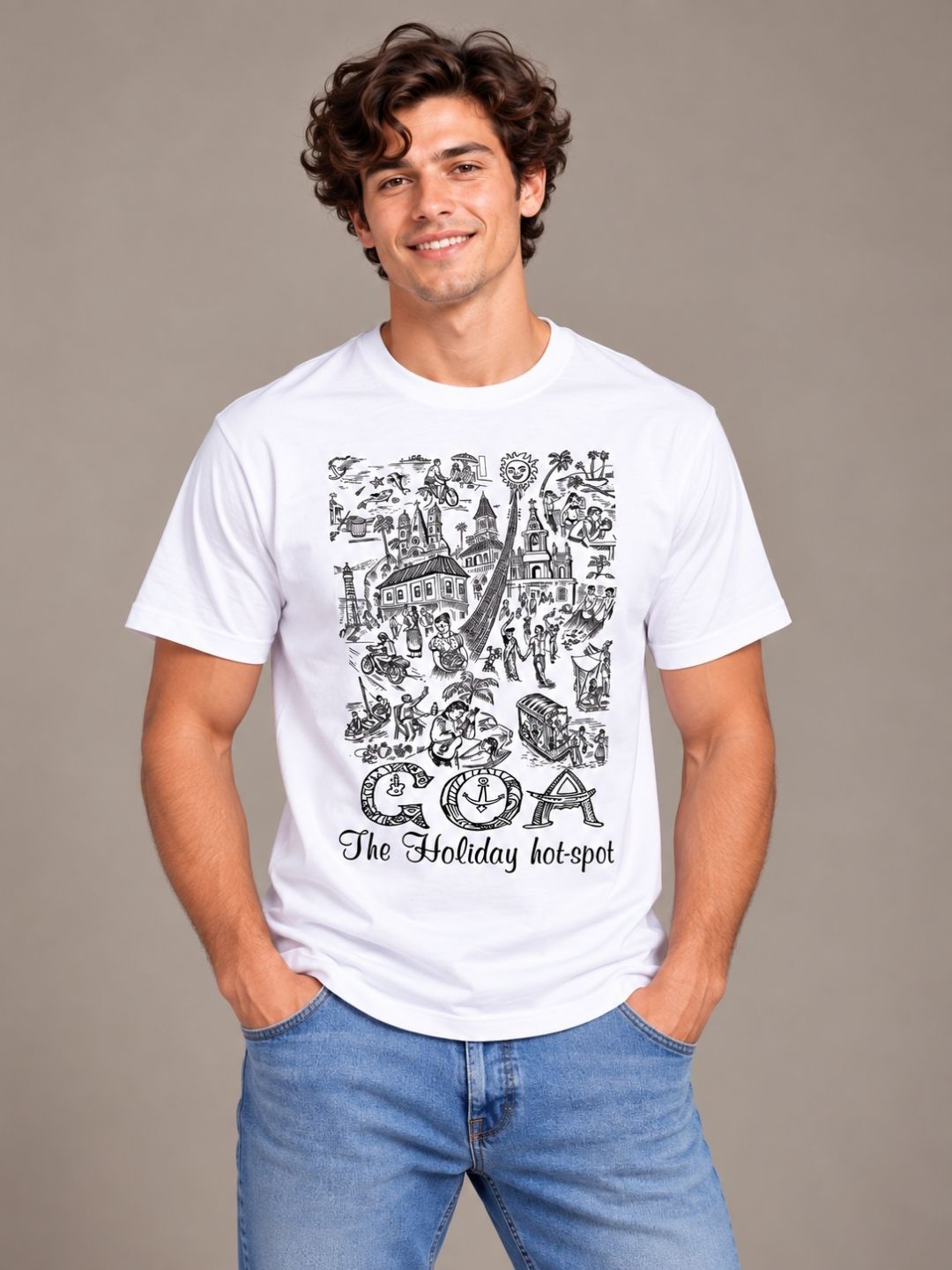 Goa The Holiday Hot Spot white t-shirt by Offbeat, front view