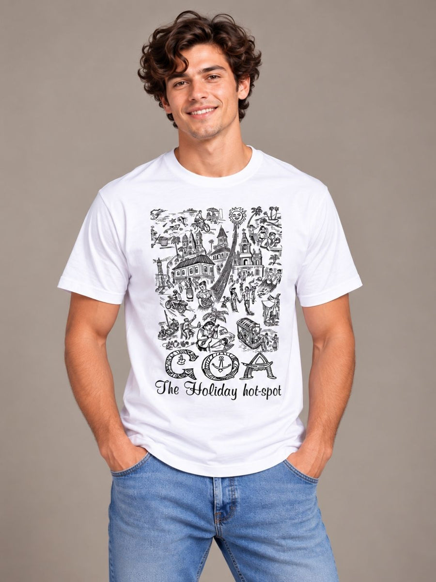 Goa The Holiday Hot Spot white t-shirt by Offbeat, front view