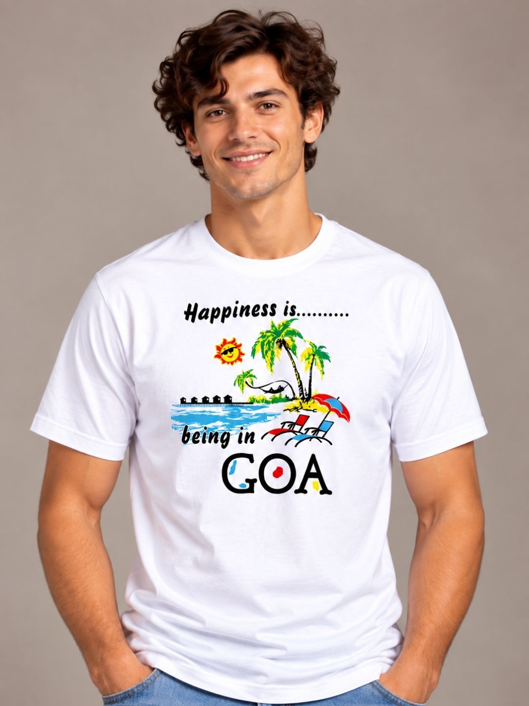 Happiness Is Being In Goa white t-shirt by Offbeat, front view
