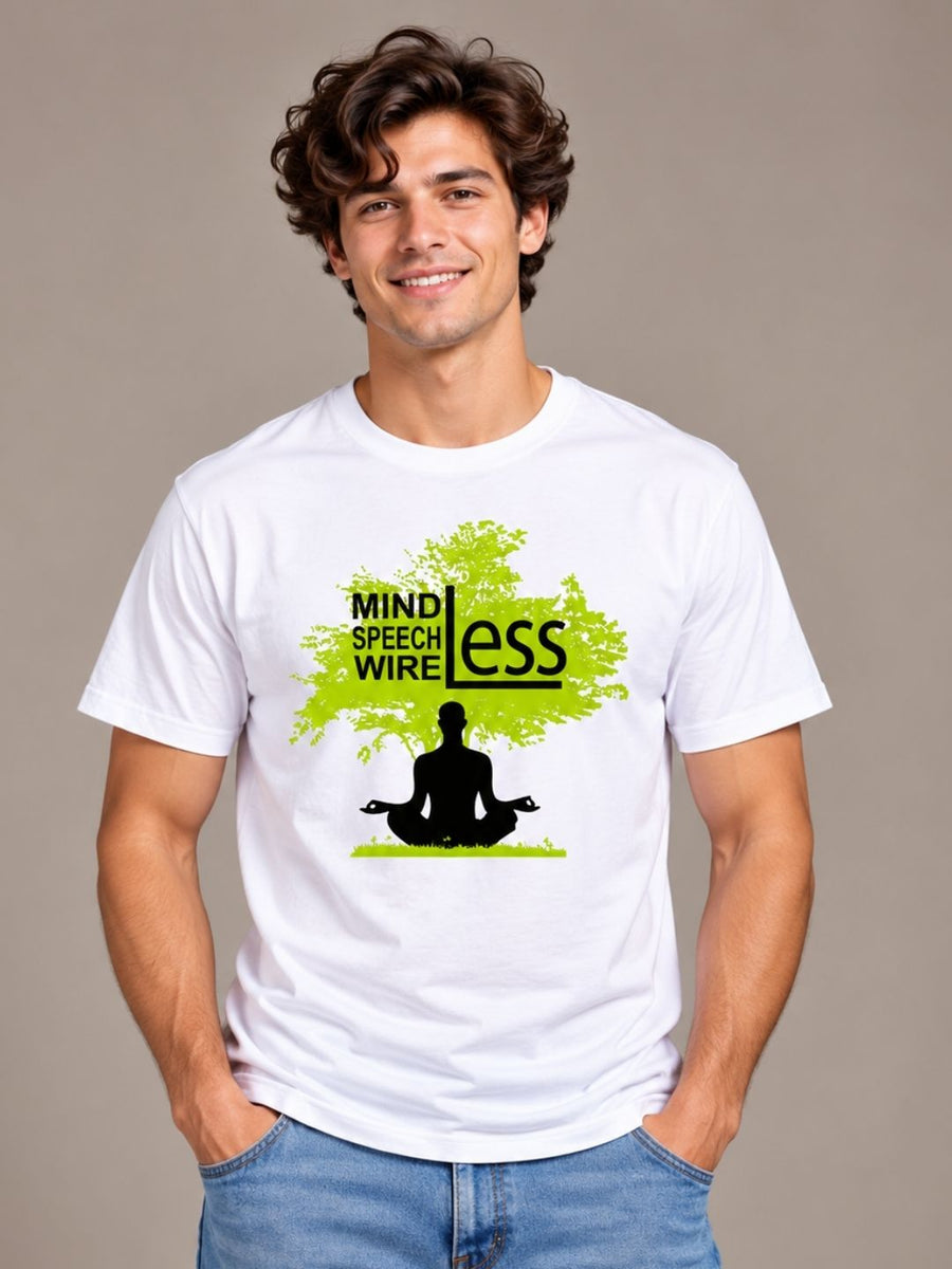 Mindless, Speechless, Wireless white t-shirt by Offbeat, front view
