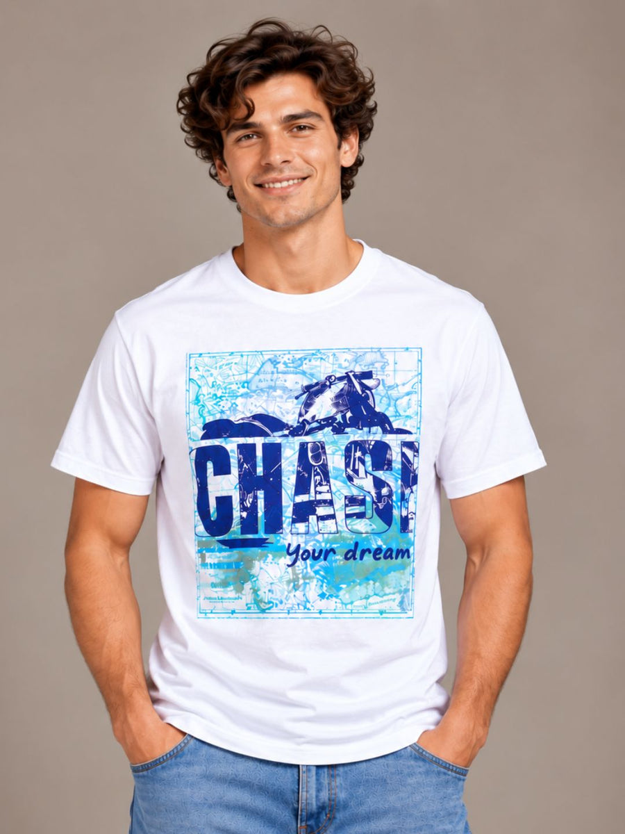 Chase Your Dreams white t-shirt by Offbeat, front view