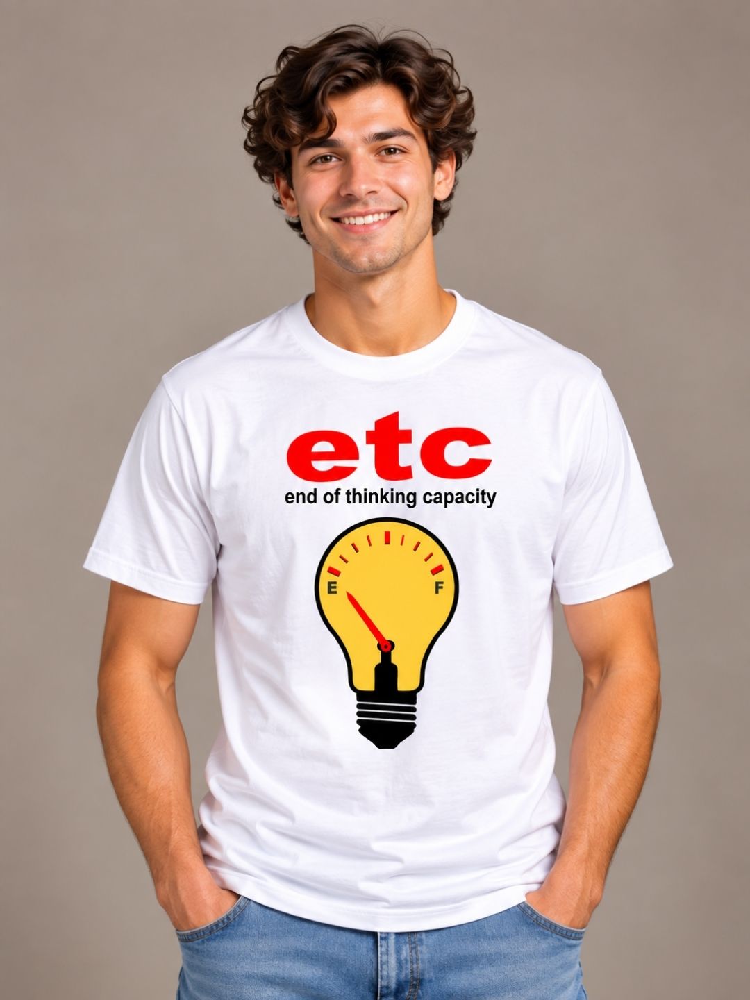 ETC (End Of Thinking Capacity) white t-shirt by Offbeat, front view