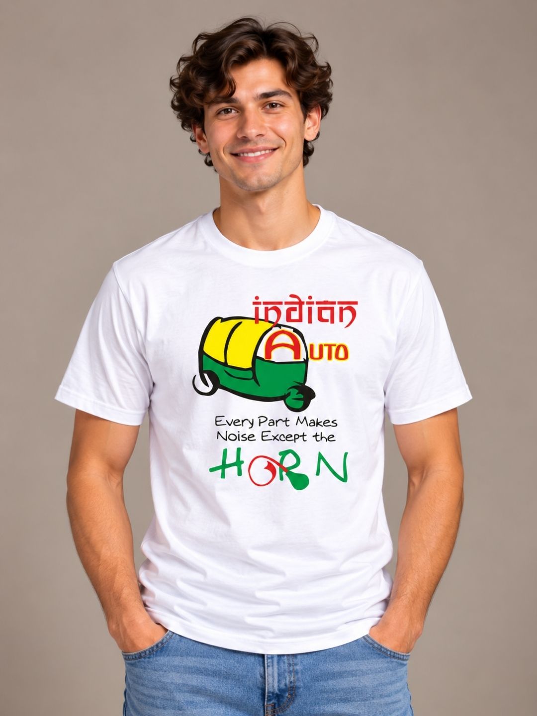 Indian Auto: Every Part Makes Noise Except The Horn white t-shirt by Offbeat, front view