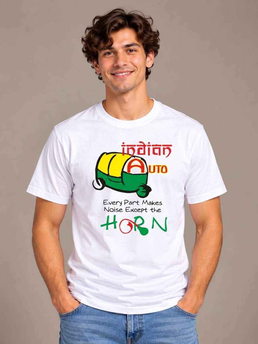 Indian Auto: Every Part Makes Noise Except The Horn white t-shirt by Offbeat, front view