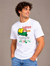 Indian Auto: Every Part Makes Noise Except The Horn white t-shirt by Offbeat, left side
