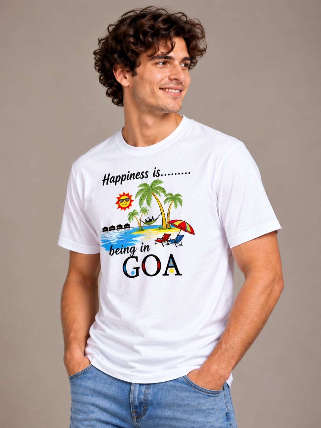 Happiness Is Being In Goa white t-shirt by Offbeat, left side