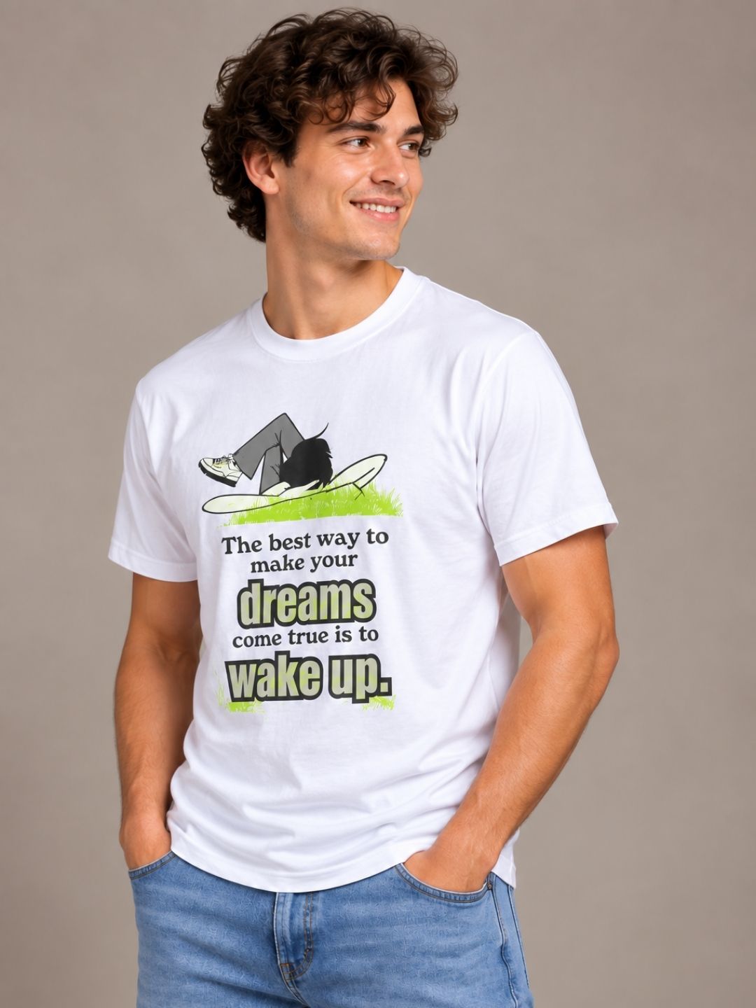The Best Way To Make Your Dreams Come True Is To Wake Up white t-shirt by Offbeat, left side