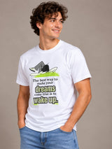 The Best Way To Make Your Dreams Come True Is To Wake Up white t-shirt by Offbeat, left side