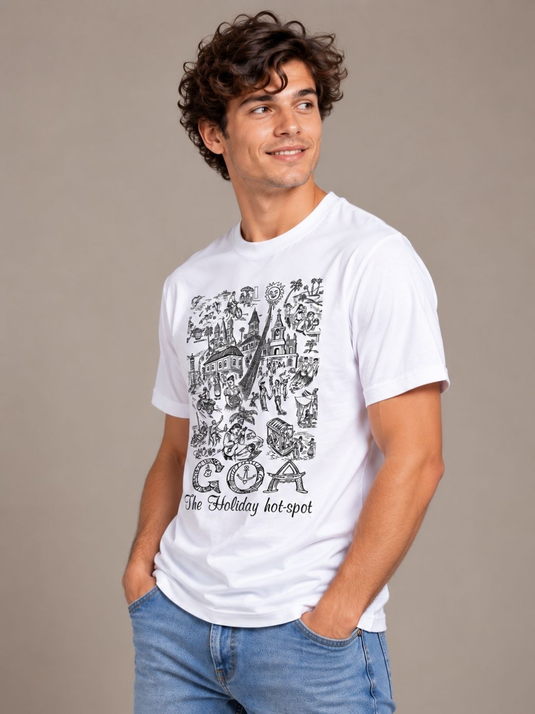 Goa The Holiday Hot Spot white t-shirt by Offbeat, left side