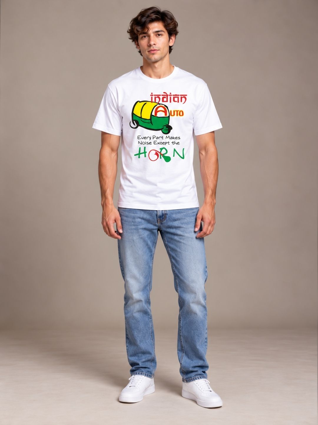 Indian Auto: Every Part Makes Noise Except The Horn white t-shirt by Offbeat, worn by a model