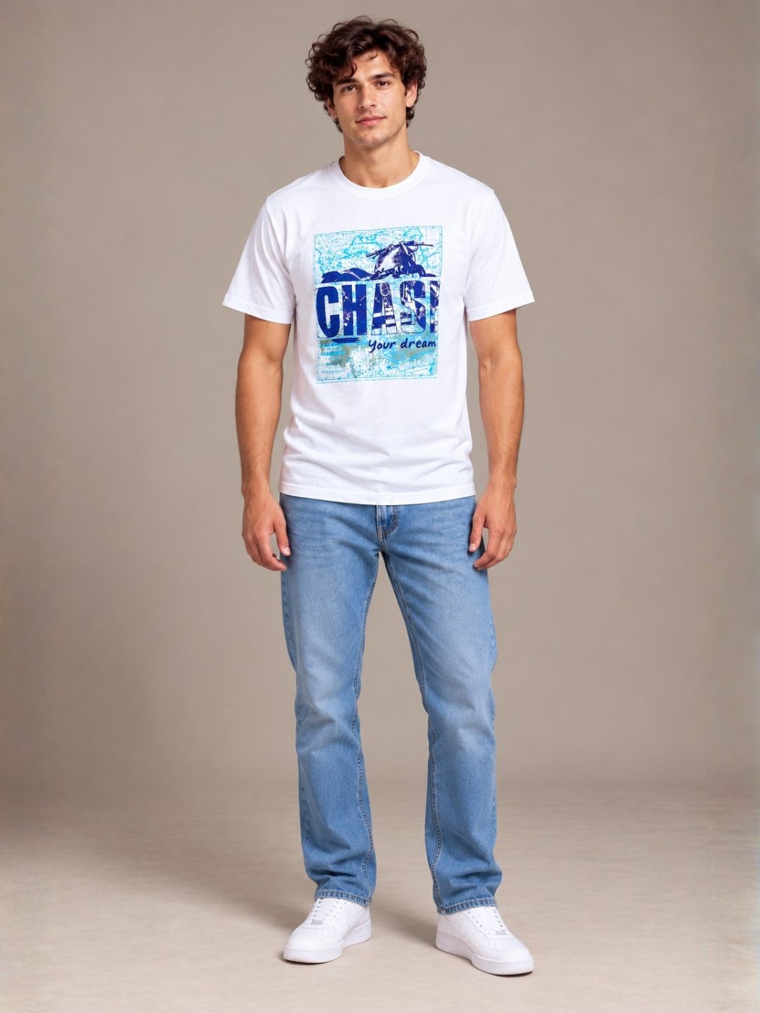 Chase Your Dreams white t-shirt by Offbeat, worn by a model