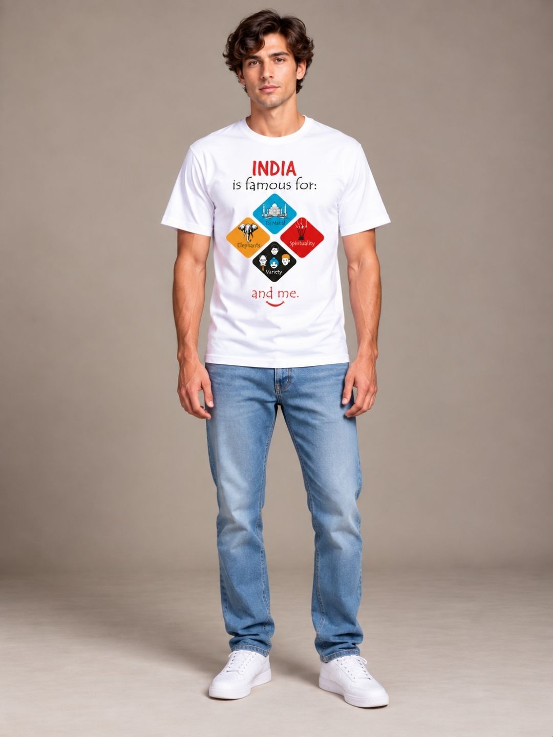 India Is Famous For: Taj Mahal, Elephants, Spirituality, Variety And Me white t-shirt by Offbeat, worn by a model