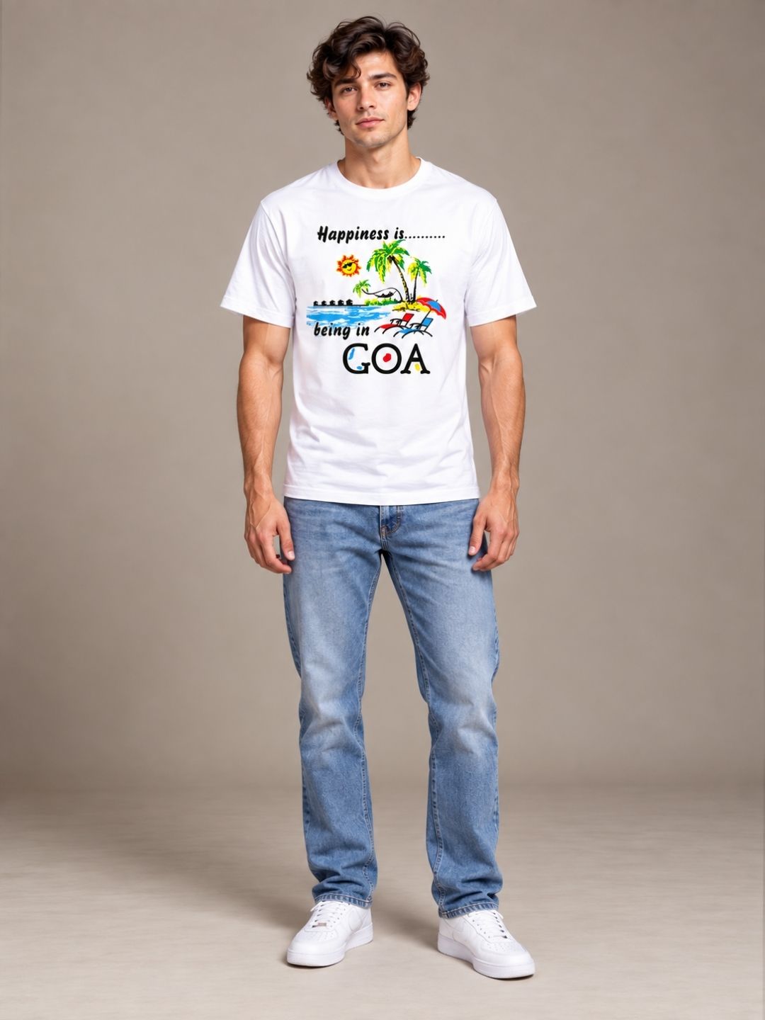 Happiness Is Being In Goa white t-shirt by Offbeat, worn by a model