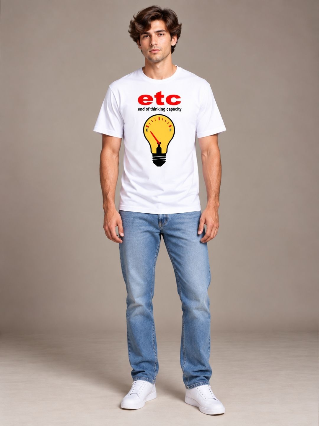 ETC (End Of Thinking Capacity) white t-shirt by Offbeat, worn by a model
