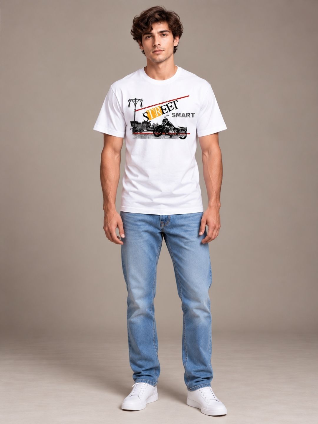 Street Smart white t-shirt by Offbeat, worn by a model