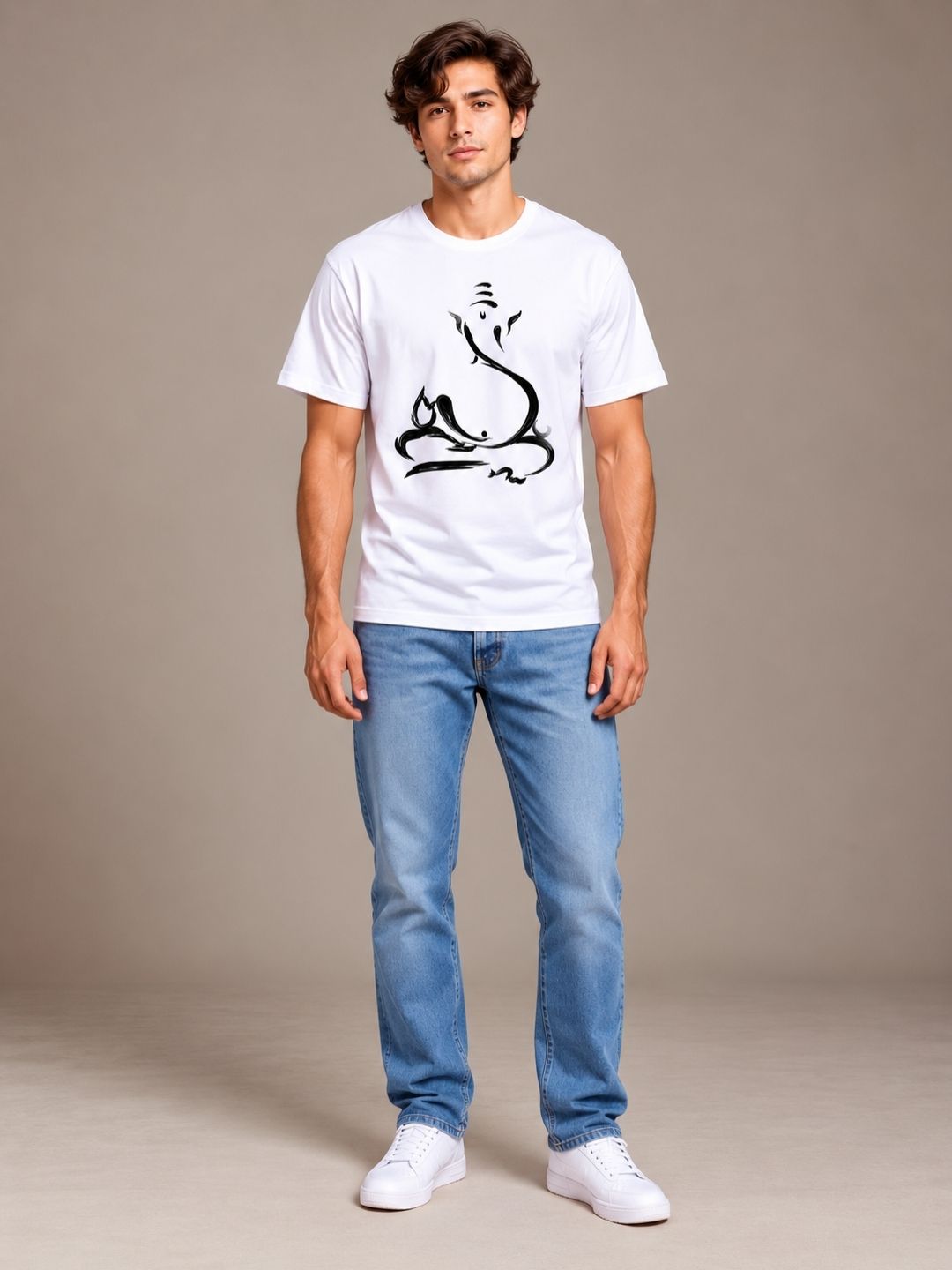Sitting Ganesha white t-shirt by Offbeat, worn by a model