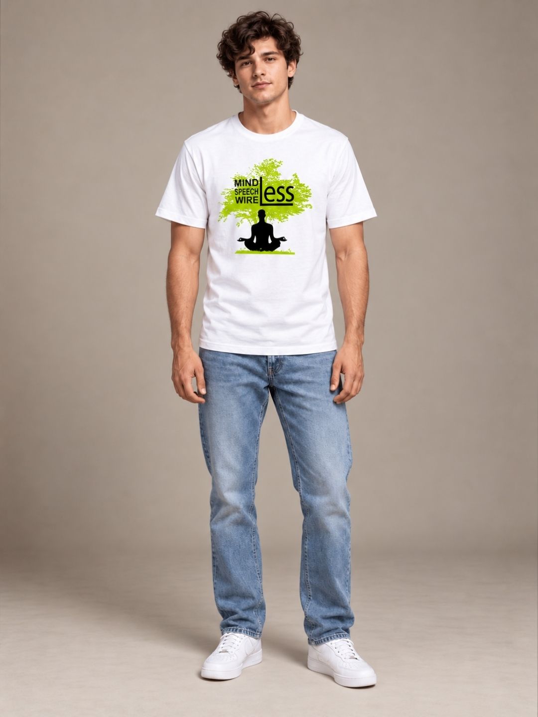 Mindless, Speechless, Wireless white t-shirt by Offbeat, worn by a model