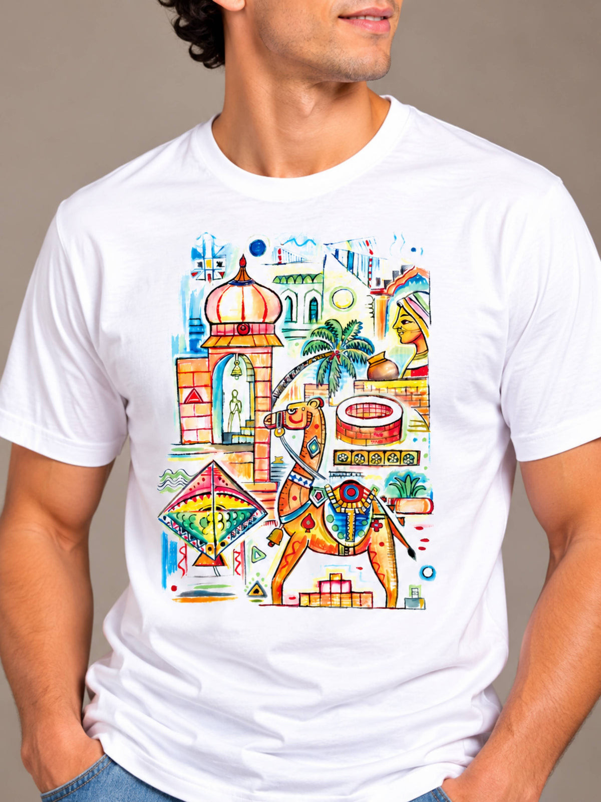 Royal Art white t-shirt by Offbeat, close-up of the illustration