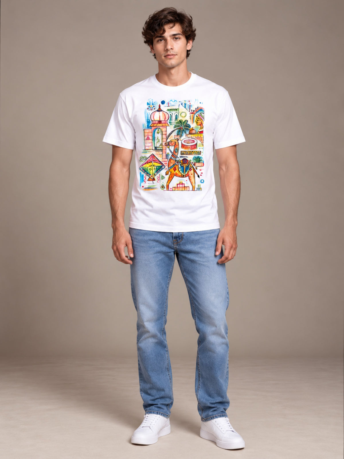 Royal Art white t-shirt by Offbeat, worn by a model