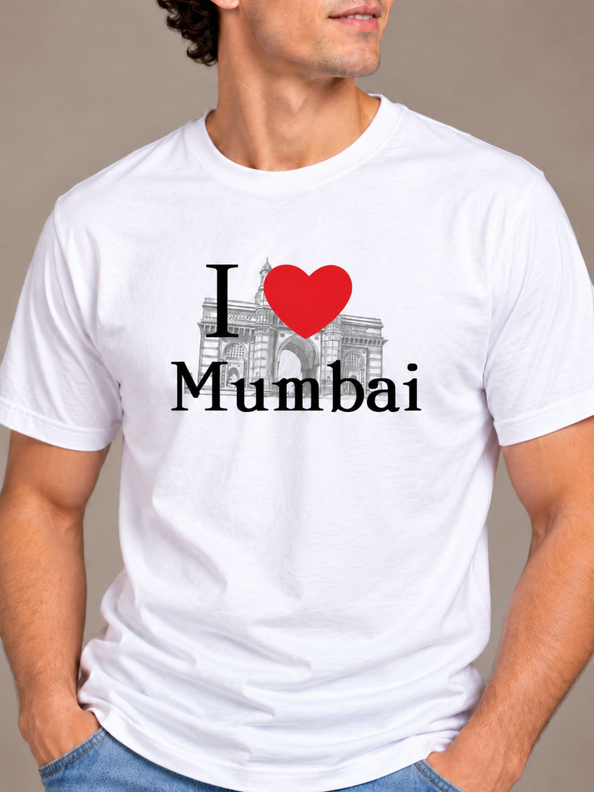 I Love Mumbai white t-shirt by Offbeat, close-up of the illustration