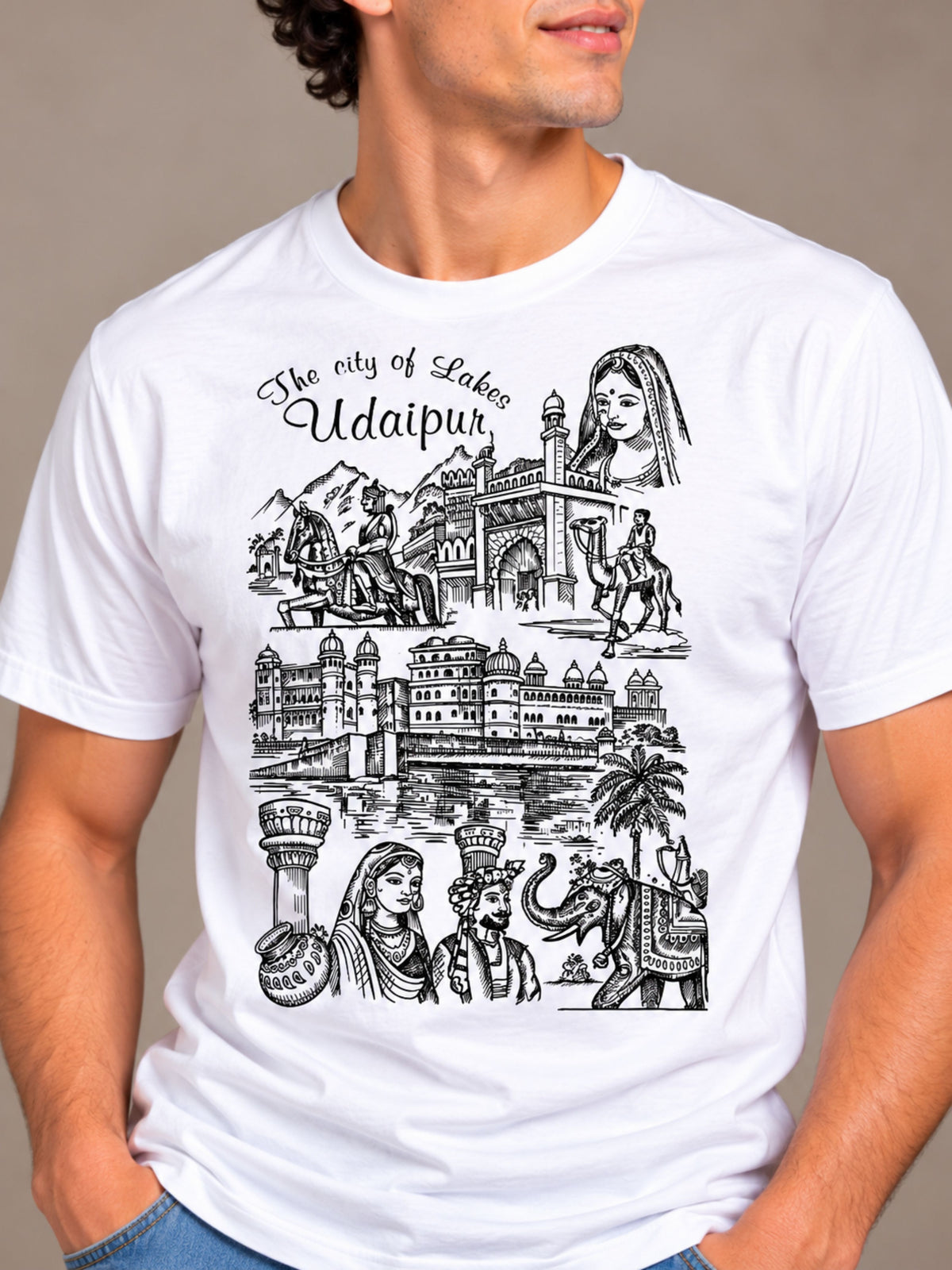 City Of Lakes Udaipur white t-shirt by Offbeat, close-up of the illustration