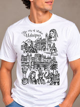 City Of Lakes Udaipur white t-shirt by Offbeat, close-up of the illustration