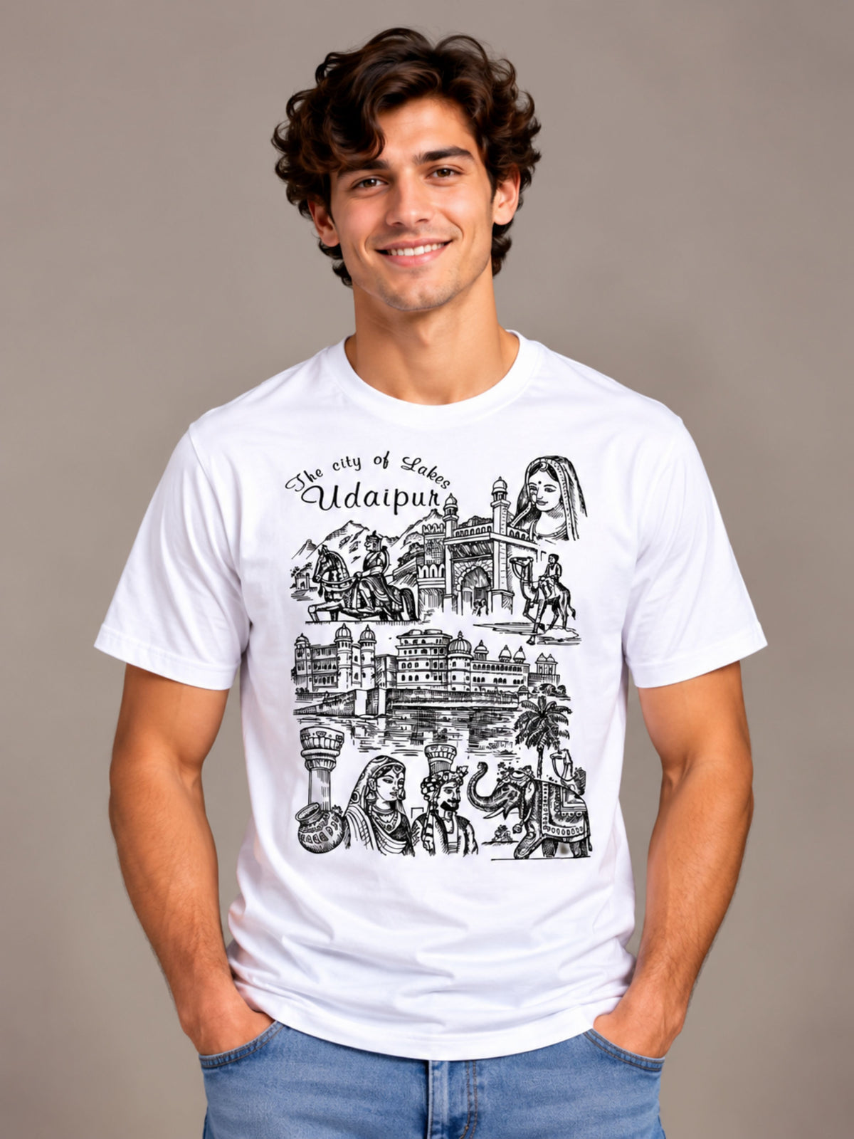 City Of Lakes Udaipur white t-shirt by Offbeat, front view