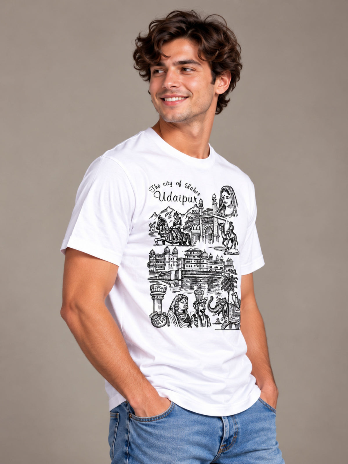 City Of Lakes Udaipur white t-shirt by Offbeat, right side