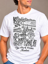 City of Dreams Mumbai white t-shirt by Offbeat, close-up of the illustration