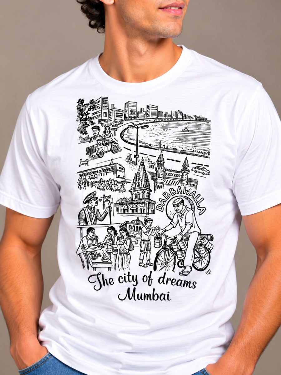 City of Dreams Mumbai white t-shirt by Offbeat, close-up of the illustration