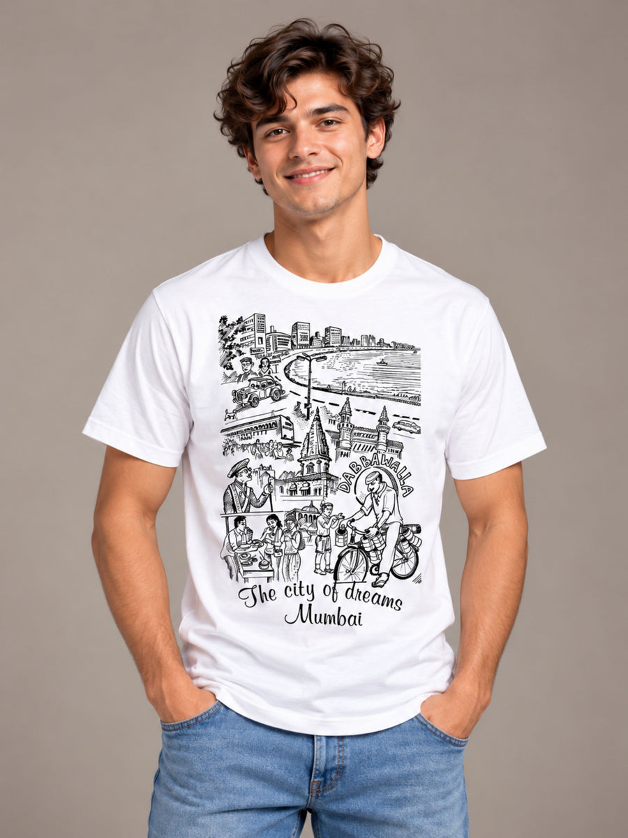 City of Dreams Mumbai white t-shirt by Offbeat, front view