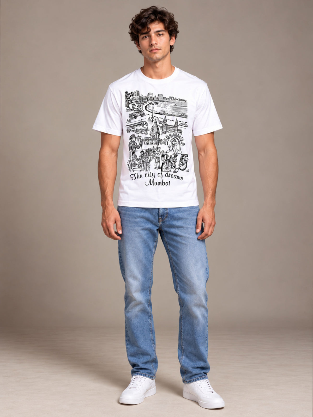 City of Dreams Mumbai white t-shirt by Offbeat, worn by a model