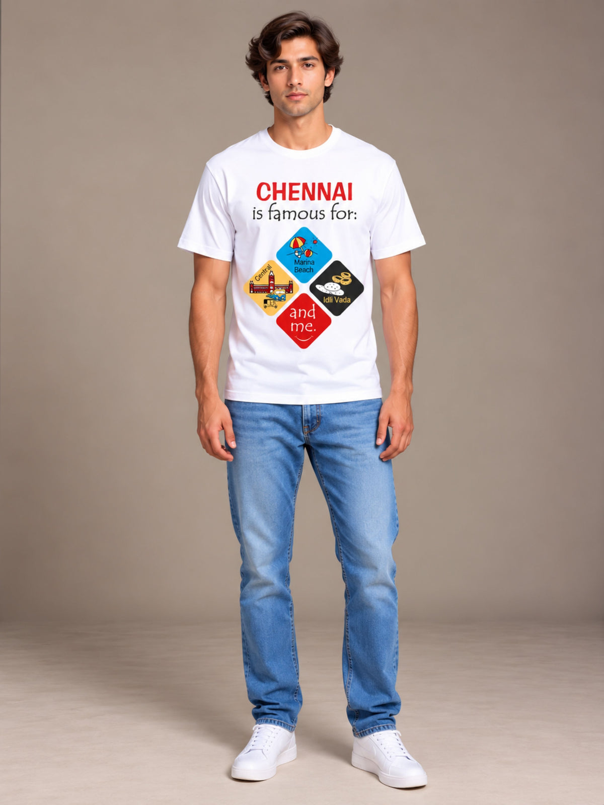 Chennai Is Famous For white t-shirt by Offbeat, worn by a model