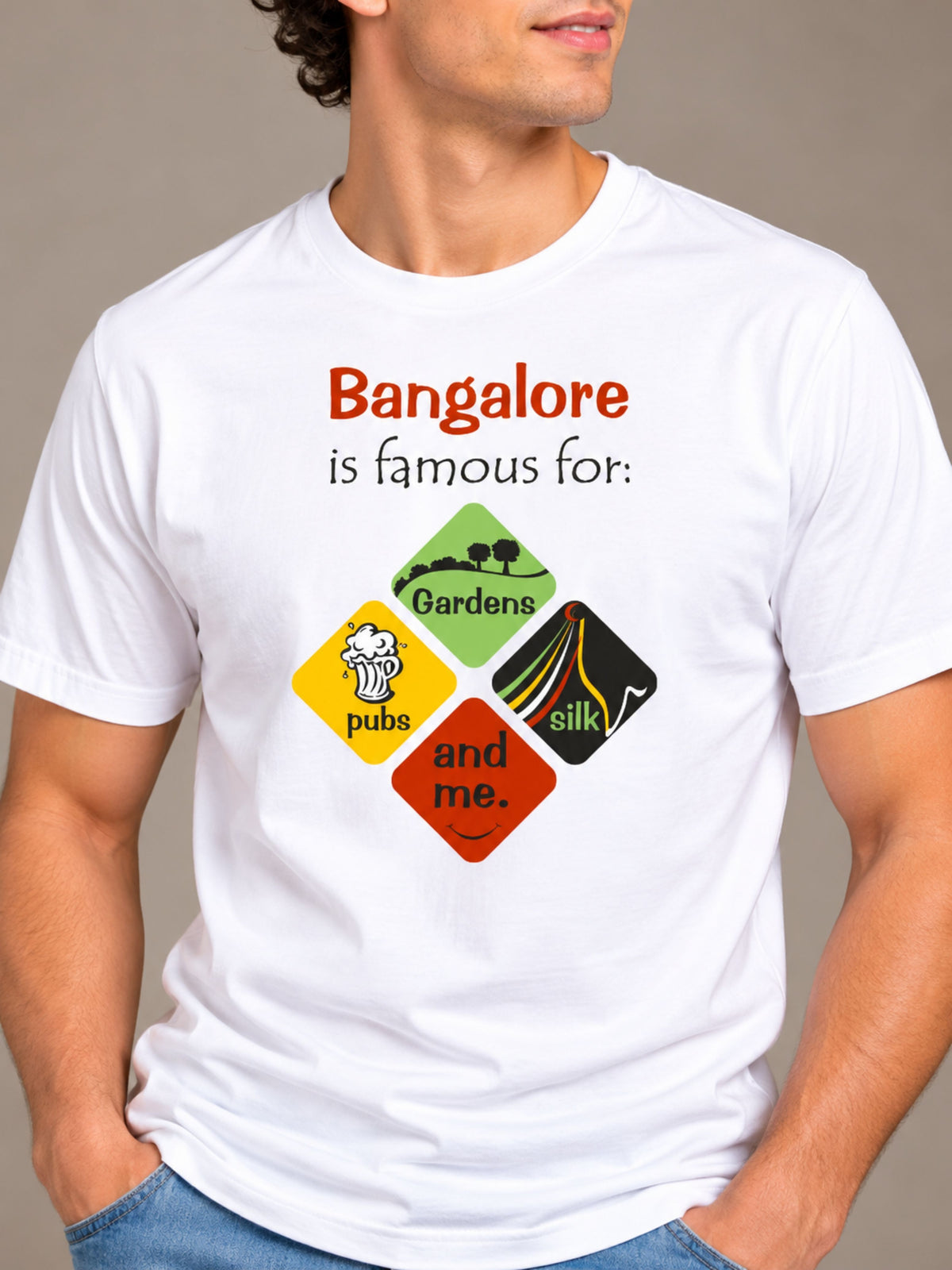 Bangalore Is Famous For white t-shirt by Offbeat, close-up of the illustration