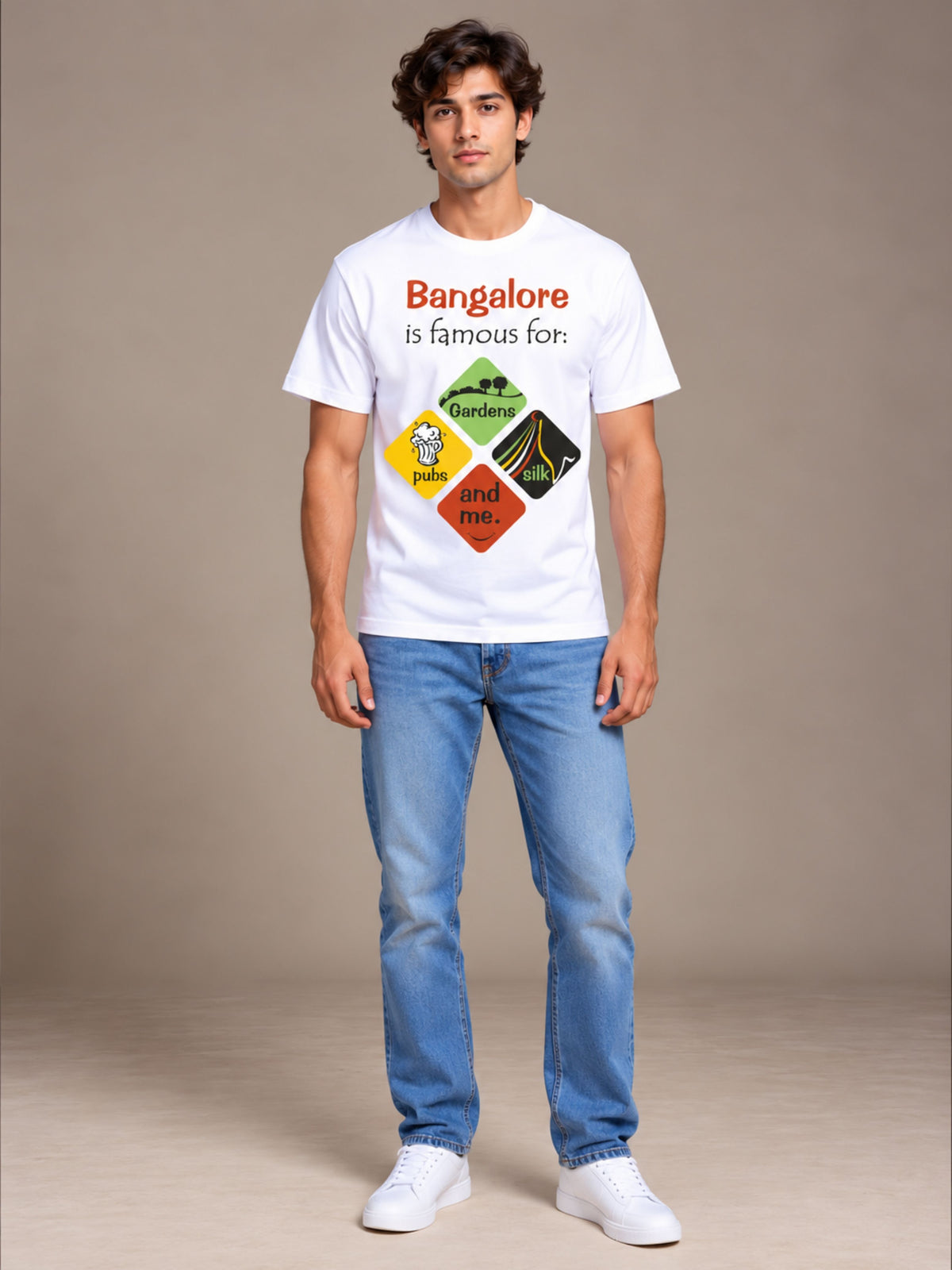 Bangalore Is Famous For white t-shirt by Offbeat, worn by a model